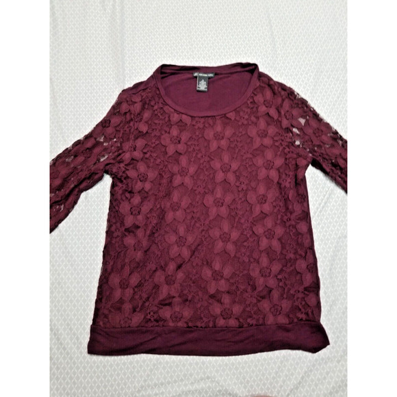 Adrianna Papell Merlot Lace Sheer Sleeve Blouse Size Medium - Picture 1 of 10